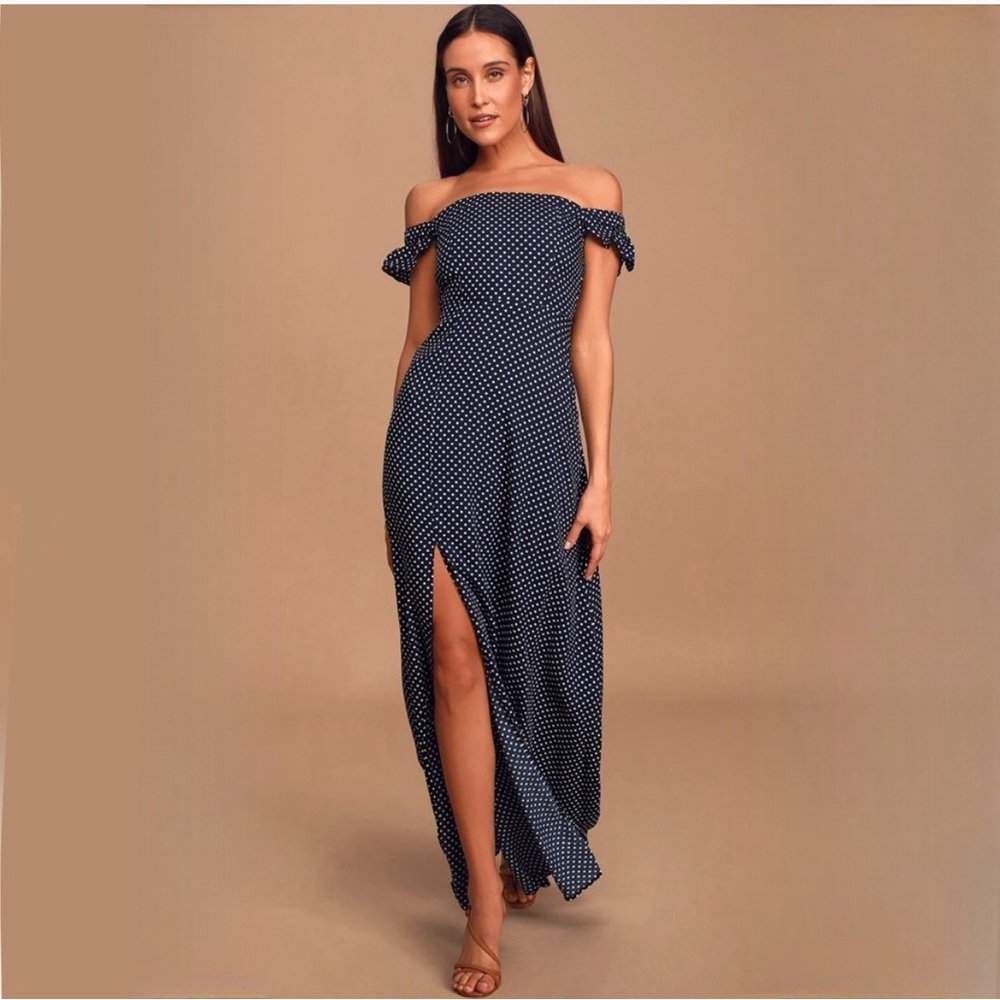 Dream Love Navy Blue Polka Dot Off-the-Shoulder Maxi Dress